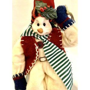 Vintage Hand Sculpted Face Wire And Felt Snowman W Bag Shelf Sitter Ornament 12”
